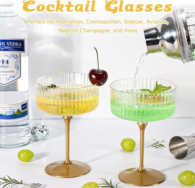 XUWAIDSGN 24 Pcs Champagne Martini Glasses 9 Oz with Gilded Removable Gold Rim Coupe Glasses Pink Martini Glasses Plastic Mimosa Vintage Coupe Glasses Set For Wedding Anniversary (24, Ribbed Gold)