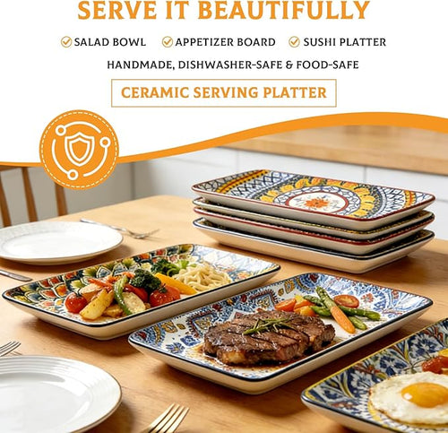 10 Inch Rectangular Ceramic Plates Set of 6 - Bohemian Floral Design in 6 Vibrant Colors, Oven & Microwave Safe Porcelain Appetizer, Salad & Dessert Plates