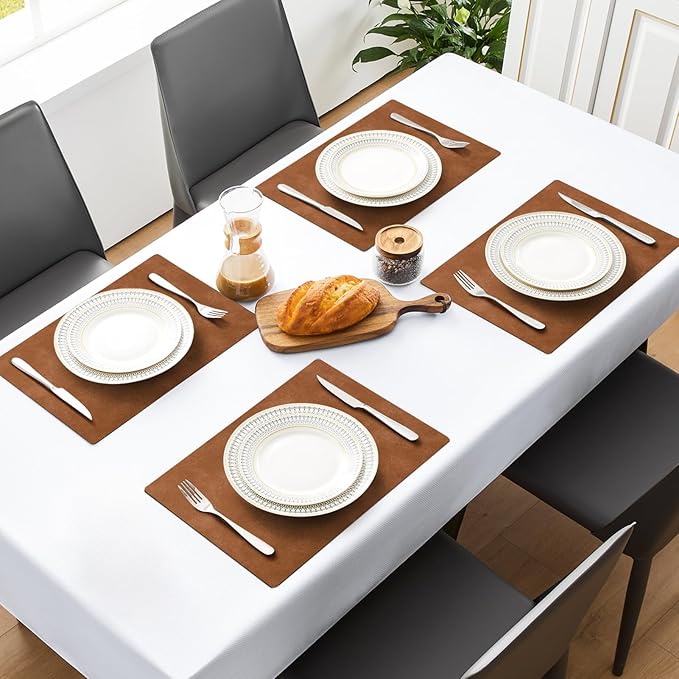 MOSAYT Vinyl Placemats Set of 8-12 X 17 Inch - Faux Leather 100% Waterproof Oil-Proof Wipeable PU Place Mats, Heat Resistant Reversible Table Mats for Kitchen, Dining, Outdoor (Reddish Brown)