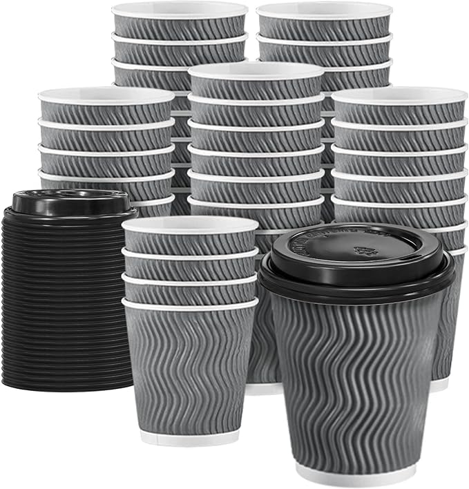 100 Pack 8 oz Disposable Coffee Cups with Lids, Insulated Ripple Wall To-Go Paper Coffee Cups Suitable for Chocolate Cocoa and Hot/Cold Drinks (Grey)