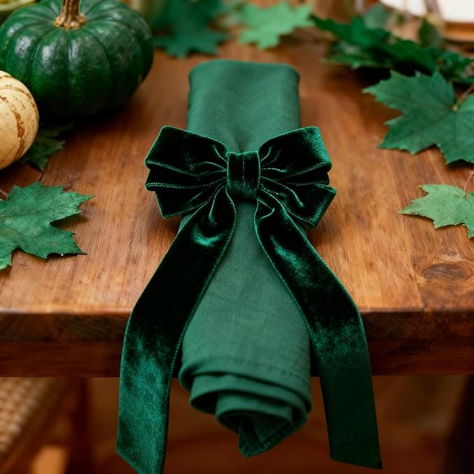 Dark Green Velvet Bow Napkin Rings Set of 12 - Luxury Soft Velvet Napkin Holders, Elegant Bow Design for Christmas Holiday Dinner Wedding Party Table Decor