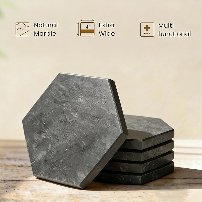 Natural Marble Coasters, Hexagonal Costers, Luxury Aesthetic Modern Decor for Coffee Table Bar Kitchen Home, Grey Marble, Real Natural Semi Absorbent Stone Coasters