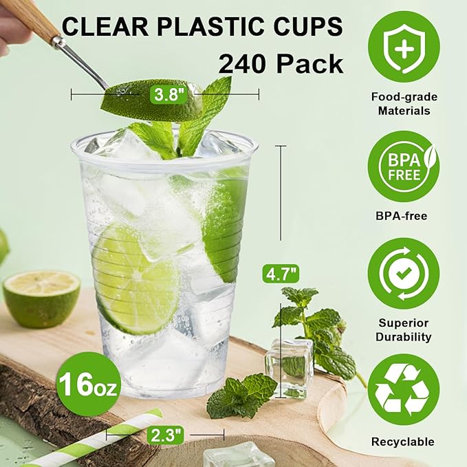 Plastic Cups 16 oz, 240 Pack - Clear Plastic Cups Disposable, Cold Drinking, Ice Coffee Cup for Party, Birthday, Holiday, Events & Everyday Use,Cold,Hot