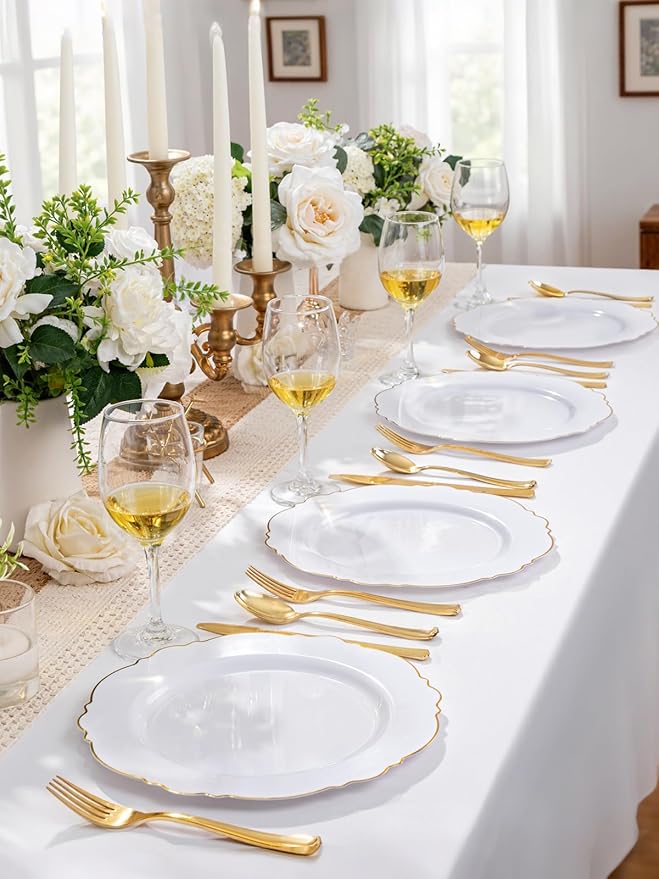 WDF 60pcs Gold Plastic Dinner Plates -10.25inch Baroque White and Gold Plates Fancy Plastic Plates for Upscale Bridal Shower & Wedding & Birthday