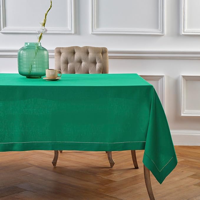 Solino Home Linen Tablecloth 60 x 120 Inch - Classic Hemstitch 100% Pure Linen Emerald Green Table Cloth for Rectangle Tables - Machine Washable Tablecloth for St Patricks Day