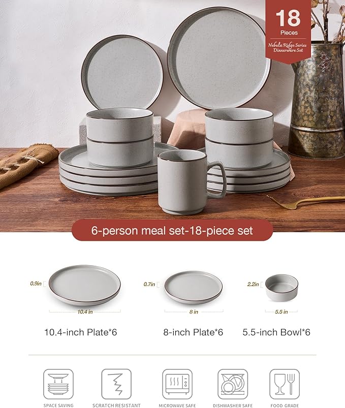 Famiware Nebula Ridge Stoneware Dinnerware Sets for 6, Plates and Bowls Sets, 18 Pieces Dishes Set, Microwave and Dishwasher Safe Kitchen Plates, Light Gray