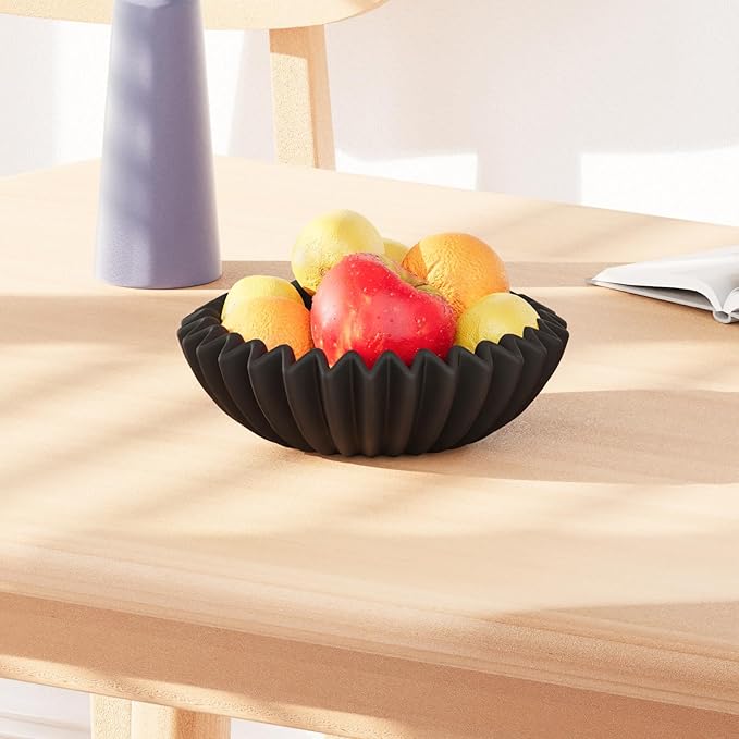 Large Ceramic Fruit Bowl Black Decorative Bowl for Coffee Table Entryway Kitchen Modern Home Decor Centerpiece 9.5 Inches Ruffle Fluted Scalloped Bowl