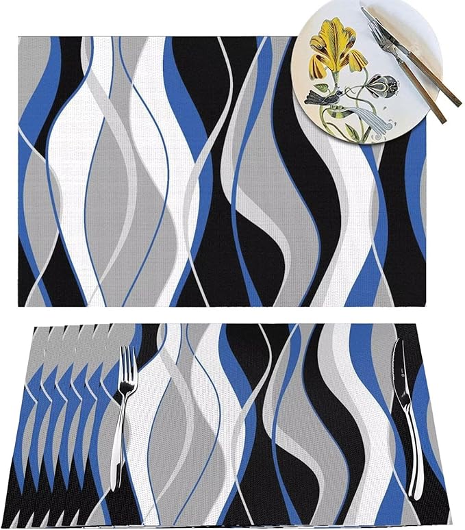 Placemats Set of 6 Black and Blue Place Mats White Grey Striped Modern Abstract Woven Table Mats Washable PVC Placemat for Dining Kitchen Decor Indoor Outdoor, 12 x 18 Inch