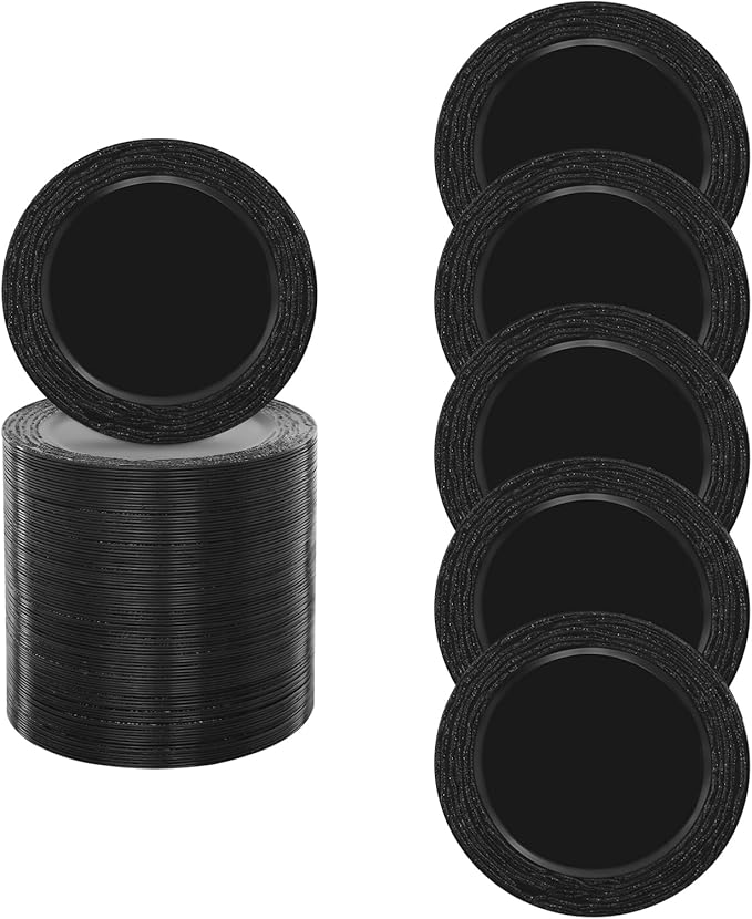 100 PCS Antique Charger Plates Bulk, 13 Inch Round Textured Edge Plastic Dinner Chargers, Bulk Plastic Charger Plates Set for Wedding, Party, Table Decor (Black)