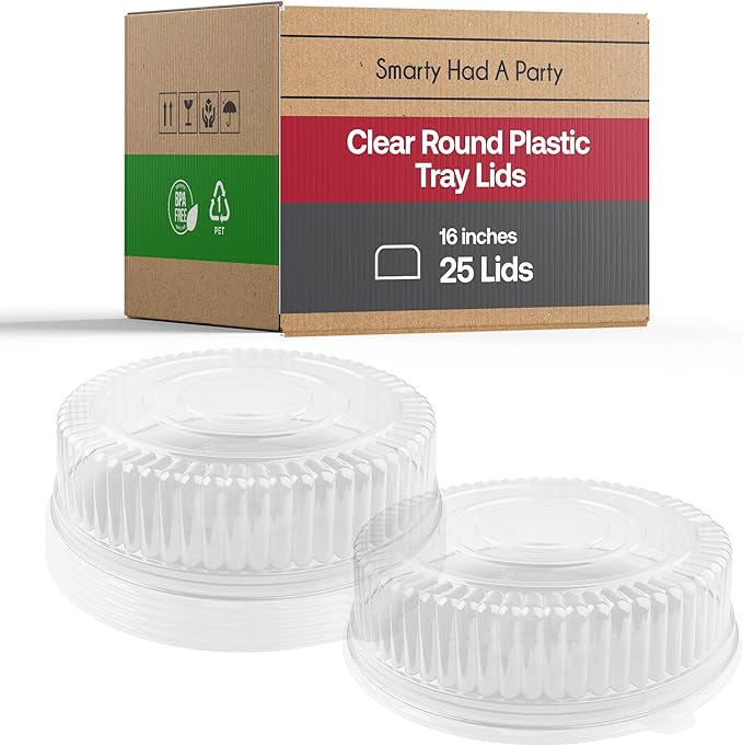 Smarty Had A Party 16 Inch Clear Round Plastic Tray Lids – Stackable Plastic Dome Lids for Catering Trays with Lids, Party Platters & Food Displays – BPA-Free Disposable Dome Covers – 25-Pack
