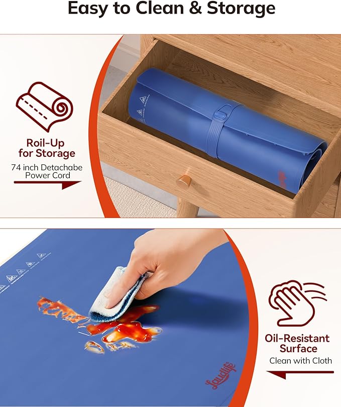 Electric Warming Mat for Food, Roll-Up Silicone Heating Pad with 7 Adjustable Tempmaster Levels, Foldable Warming Tray for Countertop,Buffet Party, Kitchen & Home, Child Lock, Dark Bule