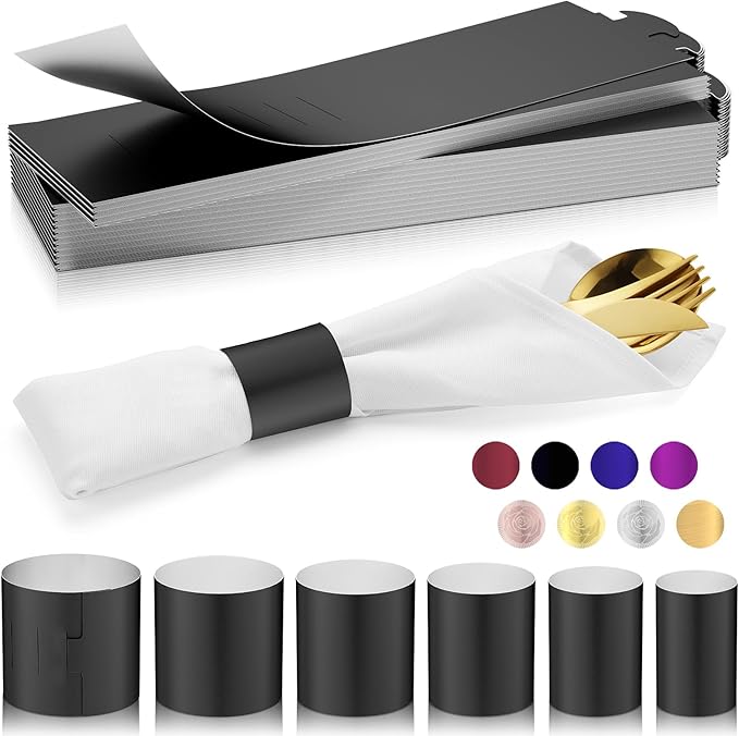 Christmas Napkin Rings Set of 100, 2 Colors in 1, Reusable Adjustable Napkin Bands for Holiday Parties, Wedding, Thanksgiving Table Decor, Waterproof Tear-Proof (Black) Great Gift Idea