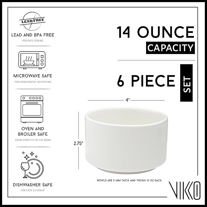 Vikko Modern Salad Bowls, Set of 6 Matte White Porcelain Bowls, Stackable 50 oz Elegant Restaurant Style Salad Bowl Set, Microwave and Dishwasher Safe