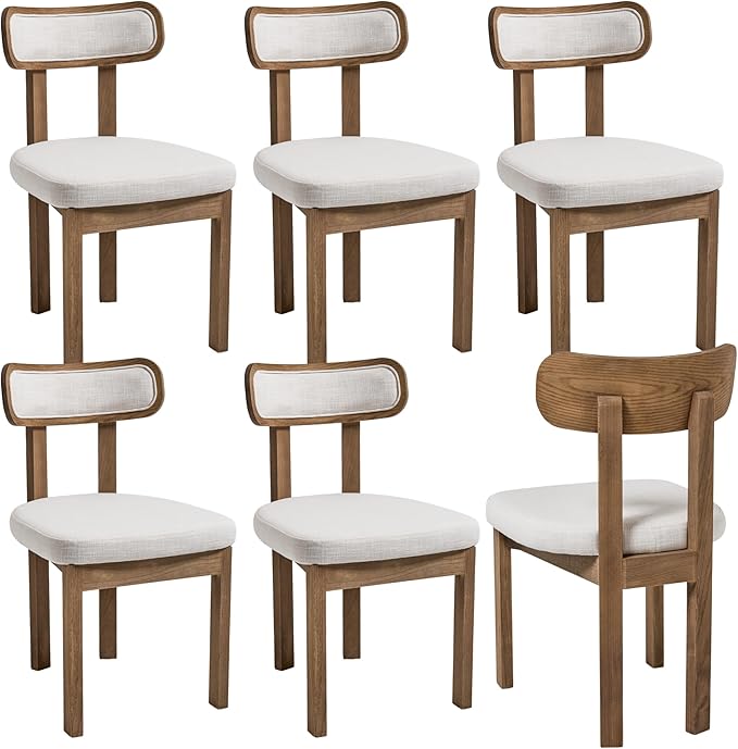 Beige Dining Chairs Set of 6, Mid Century Modern Linen Dining Room Chairs with Curved Back, Armless Kitchen Chairs for Living Room/Restaurant/Balcony/Bedroom/Home Desk/Task