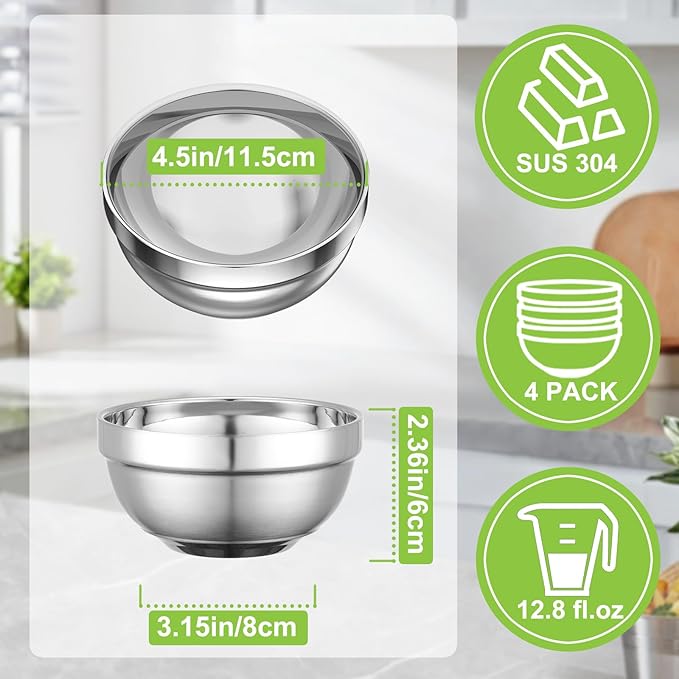 Stainless Steel Bowls, 4 Pack 4.5in 12.8oz 380ml Mini Small SUS304 Double Wall Insulated Stackable Metal Eating Bowl Containers for Serving Snacks Ice Cream Soup Cereal Food Rice Salad