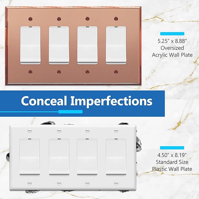 LIDER Reflective Acrylic Decorator Wall Plate, Mirrored Light Switch Plate, Plexiglass Outlet Cover, Acrylic Glass, Oversized 4-Gang 5.25" x 8.88", LWP-34O-ARG5P, Rose Gold, 5 Pack