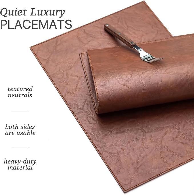 Faux Leather Placemats Set of 6 Vinyl Washable Wipeable Table Mats for Kitchen Dining Table Heat Resistant Waterproof Indoor/Outdoor Placemats Non-Slip Easy Clean Place Mats (Reddish Brown)