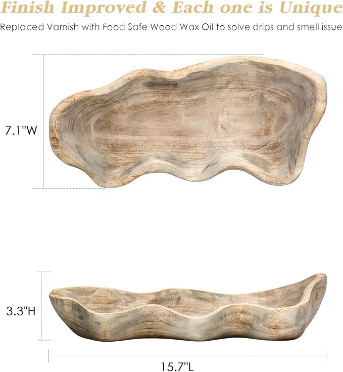 Wavy Live Edge Wooden Dough Bowl for Decor 16"L Medium Natural Root Wood Hand Carved Decorative Wooden Farmhouse Fruit Bowl Handmade, Home Decoration Centerpiece, Table Display Bowl
