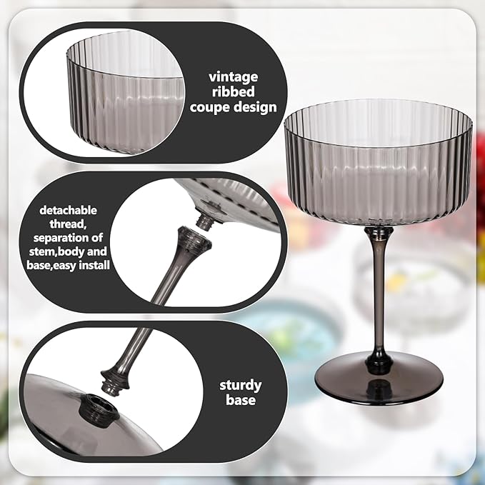 24 Pcs Ribbed Martini Glasses 10 oz Disposable Plastic Vintage Ribbed Coupe Glasses Unbreakable Dessert Parfait Glassware for Wedding Birthday Party Supplies (Black)