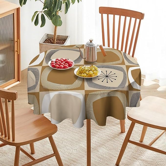 Mid Century Round Tablecloth, Retro Geometric Colorful Squares Abstract Boho Vintage 50s 60s Tablecloth for Home Party Dining Room Kitchen Decor 70Inch(178cm)