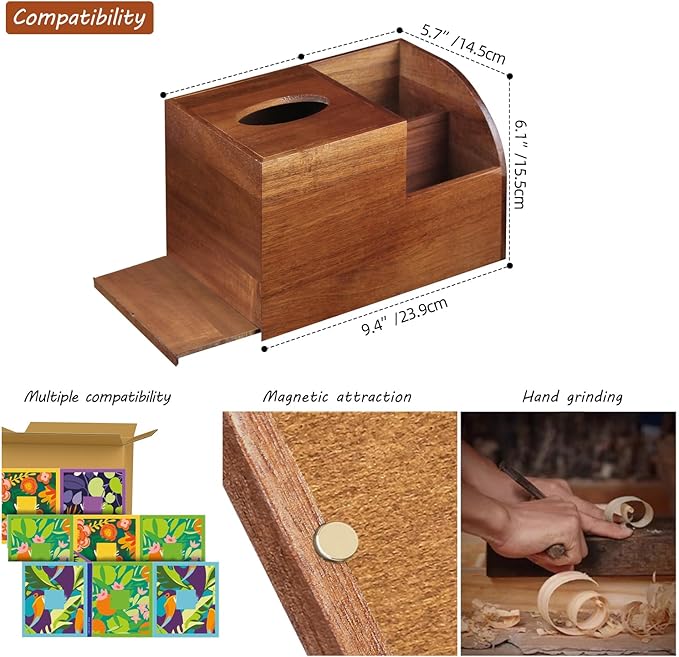 BIBELUN Square Tissue Box Cover,Multi-Functional Wood Tissue Box Holder with Storage Grid,Tissue and Remote Control Holder,Decorative Facial Tissue Cube Box Organizer for Desk,Nightstand,Bathroom