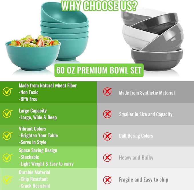 Large Serving Bowls Set of 6, 60 OZ Wheat Straw Bowls Unbreakable, Microwave Safe & Dishwasher Safe, Perfect for Parties, Salads, Noddles, Cereal, Soup, Family Gatherings, Colorful