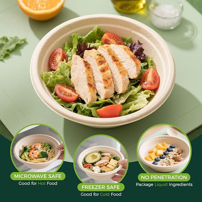 50-Pack 32oz Round Disposable Bowls with Lids - 100% Sugarcane Fiber, Paper Round Bowls for Soup, Salad, Ramen, Popcorn
