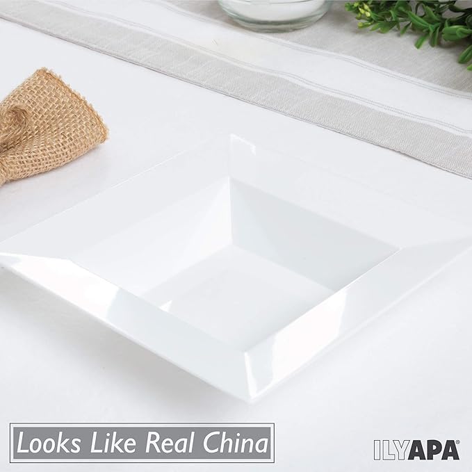 Ilyapa 50 Pack 12 ounce White Plastic Bowls, Heavy Duty Disposable White Square Bowl, Plastic 12oz for Soup, Dessert, Wedding & Party Brunch Accessories