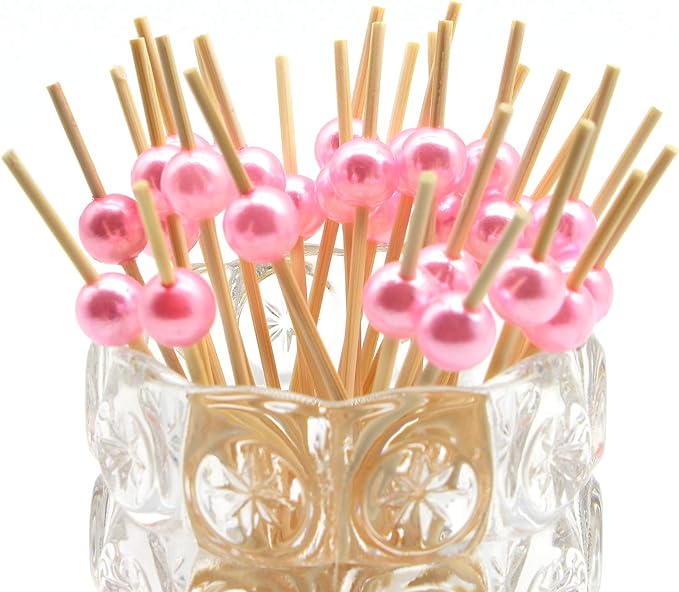 Minisland Pink Pearl Cocktail Picks, 4.7 Inch Long Bamboo Fancy Toothpicks for Appetizers, Decorative Valentines Baby Shower Holiday Party Food Drink Garnish Fruit Skewer Sticks 100 Counts - MSL153