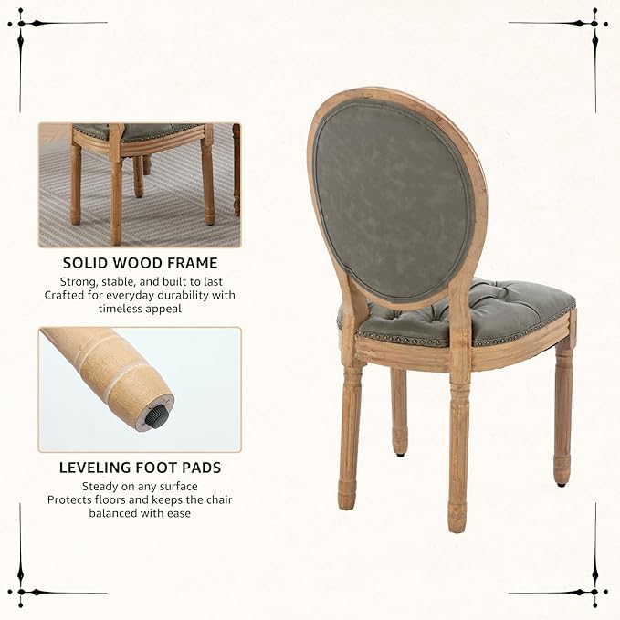 Vintage French Dining Chairs Set of 8, Round Back PU Leather Upholstered Side Chairs with Nailhead Trim and Solid Wood Frame, Sillas de Comedor for Dining Room & Kitchen, Olive Green