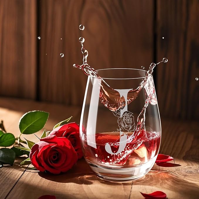 Valentines Day Gifts for Her, Gifts for Women Her Friend Mom Grandma Wife Sister Bridesmaid Nurse, Birthday Galentines Mothers Day Christmas, Personalized Initial Customized Wine Glasses 18OZ(J)