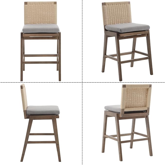 Mid Century Modern Counter Height Barstools Set of 6, 27” Linen Upholstered Counter Stools with Rope Woven Back Wooden Farmhouse Bar Stools for Kitchen Island Dining Room,Grey