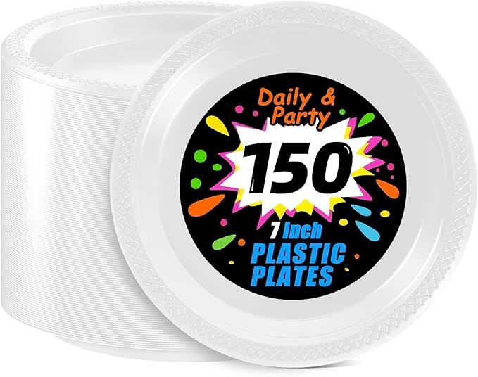 WELLIFE 7 Inch White Dessert Plates 150 Count, White Plastic Disposable Plates for Party Dessert Appetizers Salad Wedding Engagement Birthday