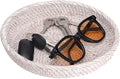Hipiwe Round Key Bowl for Entryway, 9" Decorative Rattan Tray Woven Wicker Storage Holder Serving Basket Tray for Fruit Snacks Candy, Whitewash