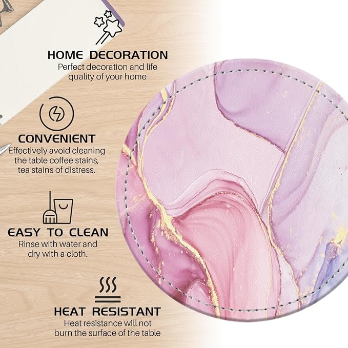 Coasters for Drinks PU Leather,Set of 6 with Holder,Round Housewarming Gift Home Decor,Pink and Golden Marble