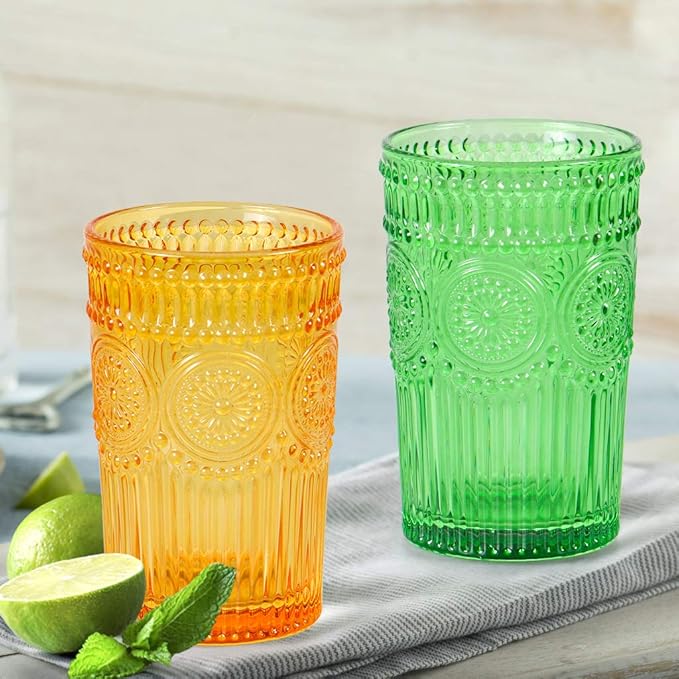 MDLUU Colored Glassware, Multicolor Drinking Glasses, Embossed Water Glasses, Colored Tumblers Glass, Capacity 12oz/345ml, Set of 4
