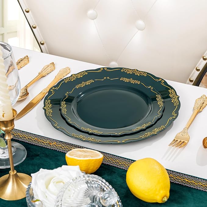 DaYammi 150Pcs Green Plastic Plates with Gold Silverware,Green Disposable Plates for Party include 30 Dinner Plate,30 Dessert Plate,90 Gold Plastic Cutlery,green gold plate for St. Patrick's Day Party
