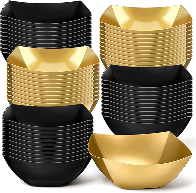 Tanlade 50 Pcs Square Plastic Serving Bowls Disposable Snack Salad Bowl Small Party Candy Bar Containers Taco Bar Serving Dishes for Buffet Chips Fruit (16 oz,Black, Gold)