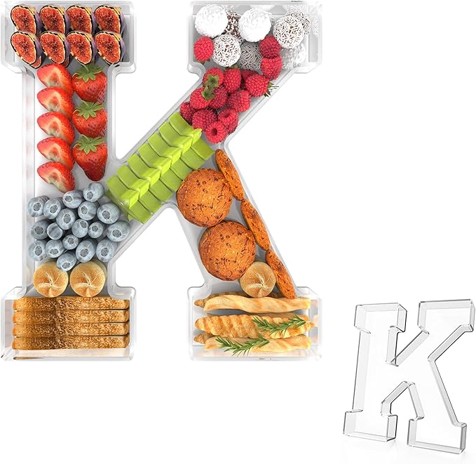 13.8" Acrylic Letter Charcuterie Tray, Charcuterie Letters Fillable Box for Food, Reusable Serving Cake Candy Dish Display Tray for Birthday Anniversary Party Decoration (Letter K)