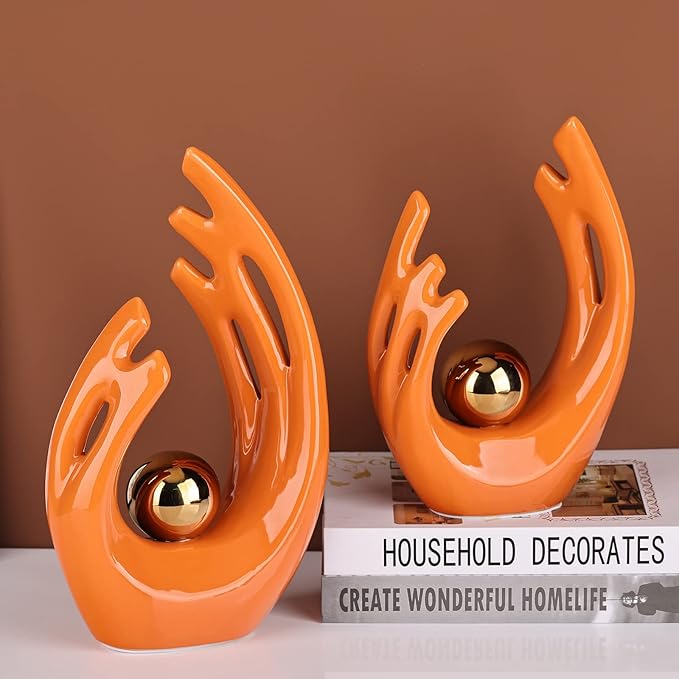 9.5" H Orange Gold Aesthetic Room Decor Accent, TV Stand Funky Table Centerpiece, Abstract Art Ceramic Statue and Sculpture, Orange Decor for Living Room, Bookshelf Decorative Objects, Shelf Decor