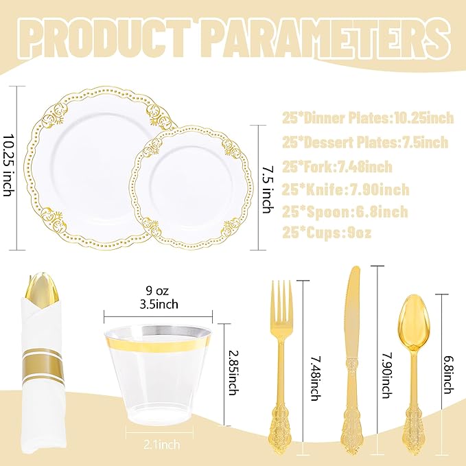 Ciaell 350 PCS Gold Plastic Plates - White and Gold Plates - Gold Disposable Plates Include 50 Disposable Plate, 150 Heavy Duty Silverware, 50 Cups, 50 Napkins for Wedding & Party