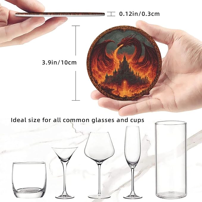 Dragon Coasters for Drinks with Holder Round Leather Coasters Set of 6 Cups Mugs Mat Pad for Home Kitchen Bar