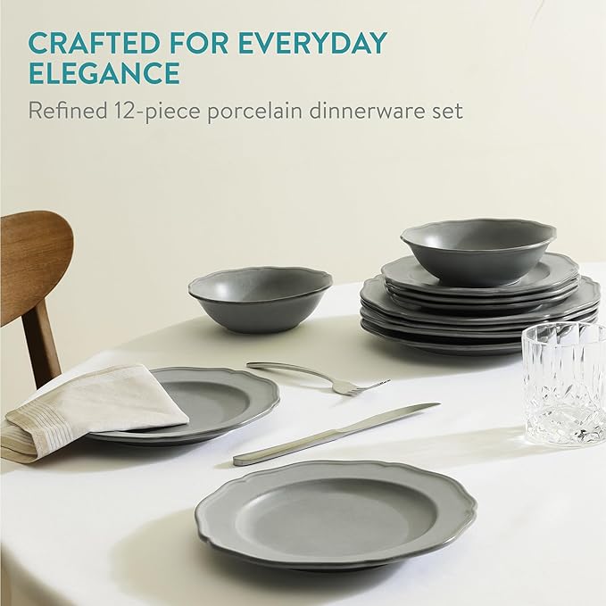 Navaris Scandi Style Porcelain Dinnerware Set - Ceramic Crockery Sets for 4 - Stackable Dishes with Dinner and Salad Plates Cereal Bowls - Dishwasher & Microwave Safe - 12pcs Grey
