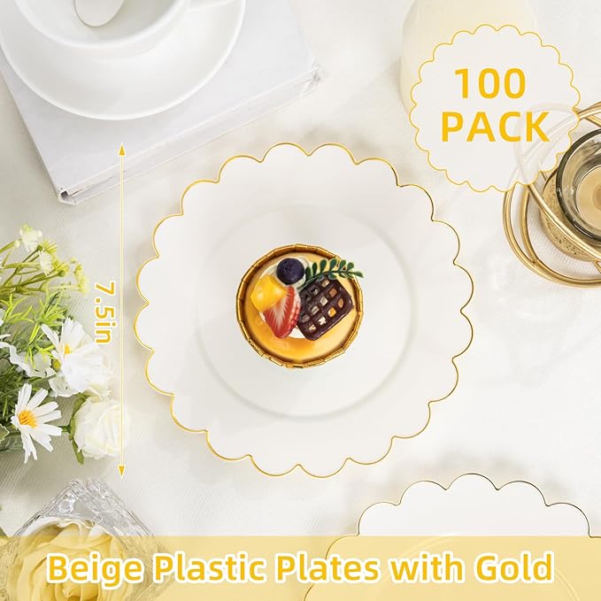 LIYH 100 Pcs Ivory Dessert Plates with Gold Rim- Ivory Plastic Plates 7.5" Disposable Scalloped Fancy Gold Plastic Plate,Baby Shower Cake Plate Party Suitable for Valentine's Day or Mother's Day