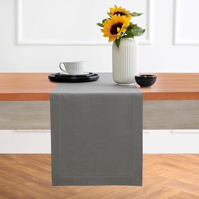 Solino Home Linen Steel Gray Table Runner 72 Inches Long - 100% Pure Linen Hemstitch Table Runner 14 x 72 Inch for Dresser, Dining, Spring - Classic Hemstitch