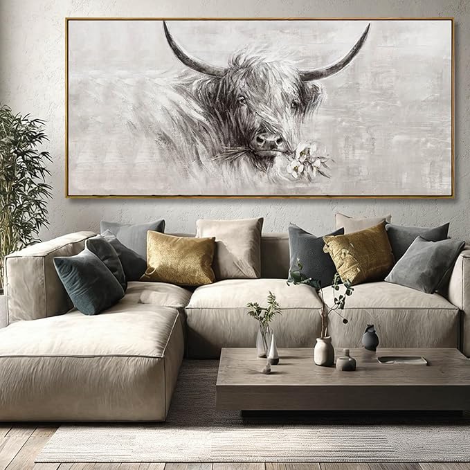 Framed Extra Large Gray Gold and White Cow Canvas Wall Art with Flower Modern Farmhouse Animal Poster for Living Room Bedroom Office Wall Decor 40x88 Inch