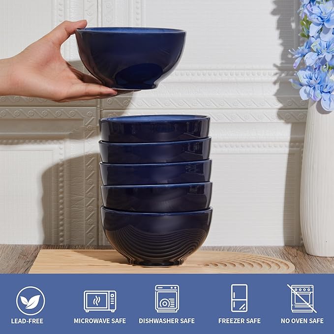 22 Oz Ceramic Cereal Bowls, 5.5 Inch Microwave & Dishwasher Safe Lead-free Soup Bowls Light Blue Bowls for Kitchen for Pasta Oatmeal Salad Dessert