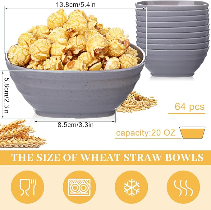 Gejoy 64 Pcs Unbreakable Cereal Reusable Wheat Straw Lightweight Bowls Microwave and Dishwasher Safe Soup Fiber Bowls for Kitchen Serving Salad Rice Snacks(Light Gray)