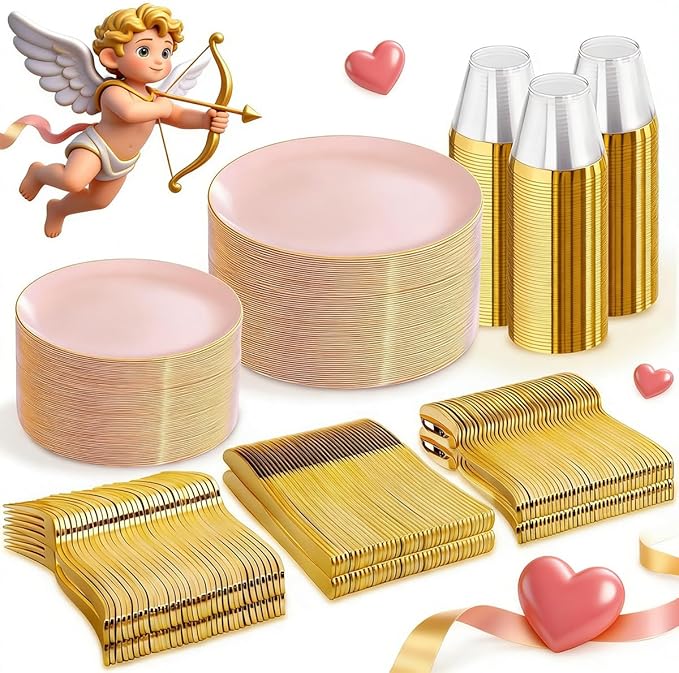 WDF 300Pcs Pink Plates Disposable - Pink and Gold Plastic Dinnerware Set for 50 Guests Include 50 Dinner & Cake Plates, 50 Disposable Cutlery, 50 9oz Cups for Wedding, Party, Valentine's Day