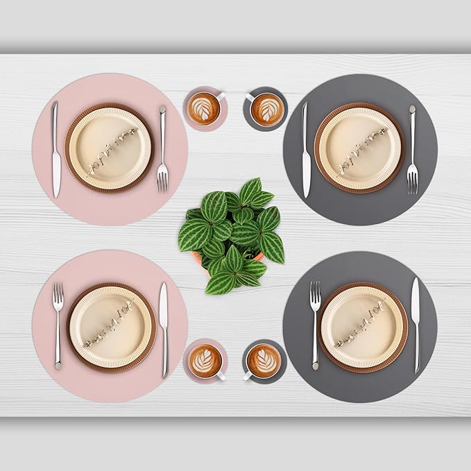 Myir JUN Round Placemats Set of 4 Faux Leather Place Mats and Coasters 15 inch Round Table Mats Dual Sided Non-Slip Stain Resistant Placemats (Gray & Pink, Set of 4)